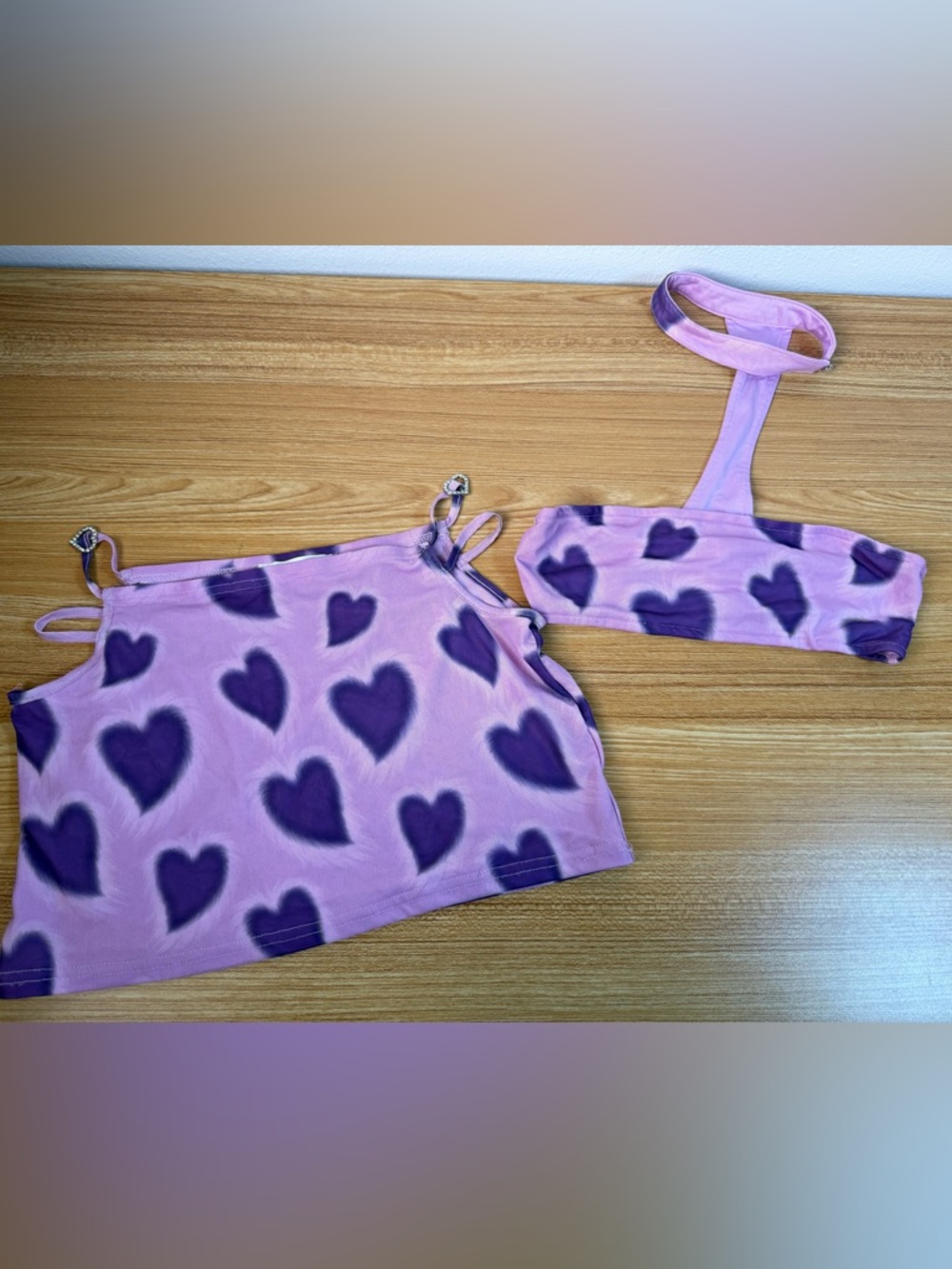 Purple Heart Print Crop Top Set - Women's Cute Two-Piece